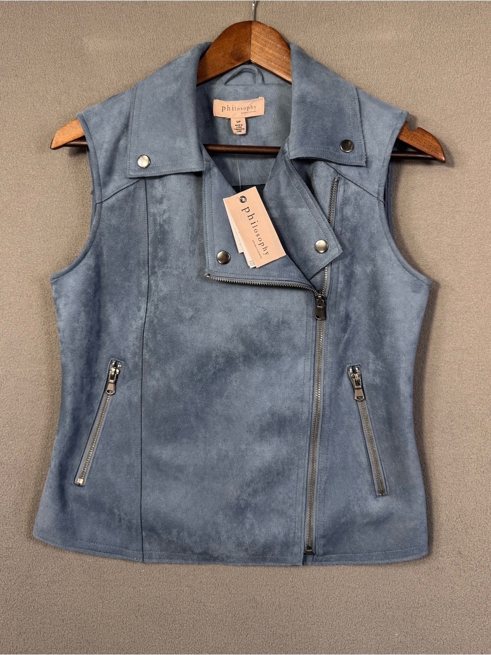 Philosophy Dusty Blue Shadow Faux Suede Sleeveless Moto Vest w/ Zipper, Small